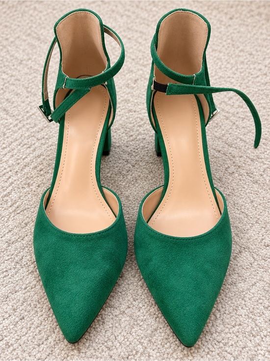 Shoes - Emerald Green Suede Like Pointed Toe Ankle Strap Heels Size 40